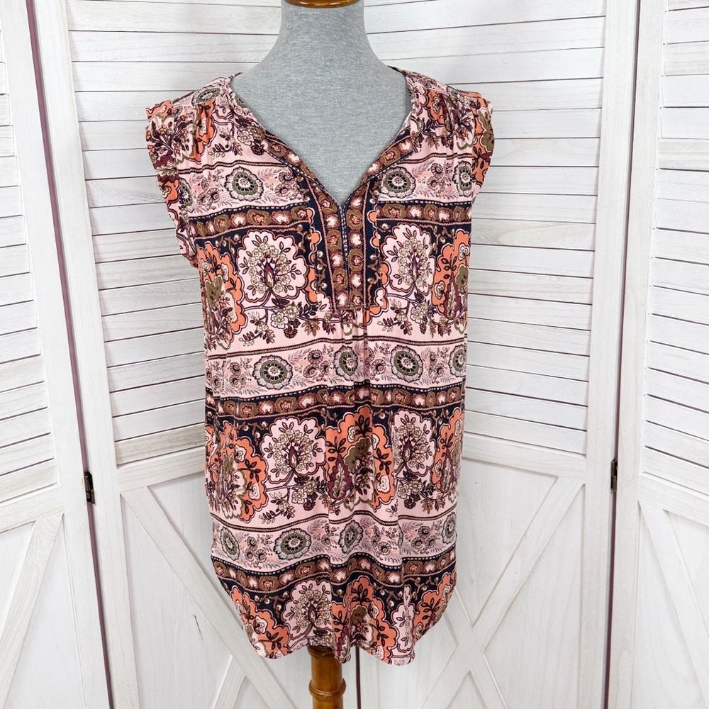 Loft Boho Floral Split Neck Sleeveless Tunic Tank Top Shirt‎ Peach Coral Medium